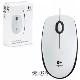 Мышь проводная LOGITECH B100, USB, 2 кнопки + 1 колесо-кнопка, оптическая, белая