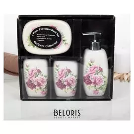 Набор аксессуаров для ванной комнаты «Розы», 4 предмета (Дозатор 300 мл, мыльница, 2 стакана)