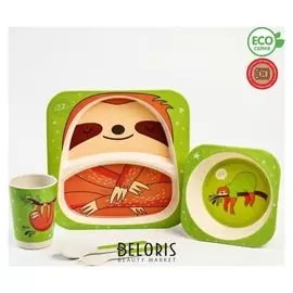 Набор бамбуковой посуды «Ленивец», 5 предметов: тарелка, миска, стакан, вилка, ложка