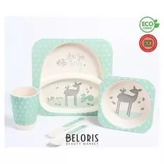 Набор бамбуковой посуды "Олененок", тарелка, миска, стакан, приборы, 5 предметов