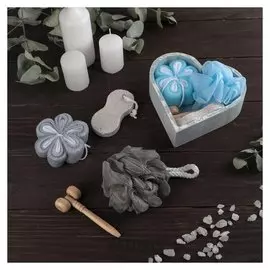 Набор банный, 4 предмета: 2 мочалки, массажёр, пемза