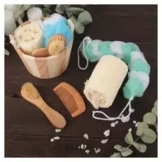 Набор банный, 4 предмета: 2 мочалки, расчёска, щётка