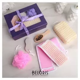 Набор банный "Подарочный", 5 предметов: 3 мочалки, расчёска, пемза