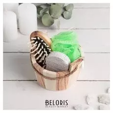 Набор банный в деревянном ушате 3 предмета: мочалка-бант, пемза, расческа