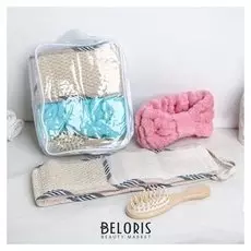 Набор банный в сумке, 3 предмета: мочалка, расчёска, повязка на голову