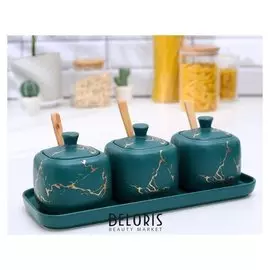 Набор банок для сыпучих продуктов Gold, 3 банки 9,5×9,5 см,3 ложки, на керамической подставке, цвет зелёный
