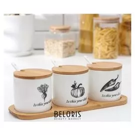 Набор банок для сыпучих продуктов на деревянной подставке «Эстет.овощи», 3 шт, 310 мл, 3 ложки