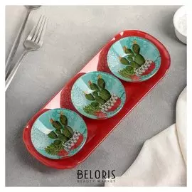 Набор блюд на подставке "Кактусы", 3 шт: блюдо 8×2 см, подставка 28×10,5×3 см