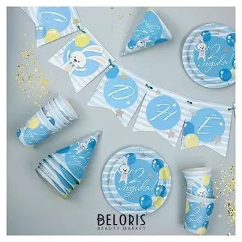 Набор бумажной посуды «С днём рождения. 2 годика», 6 тарелок, 6 стаканов, 6 колпаков, 1 гирлянда, цвет голубой