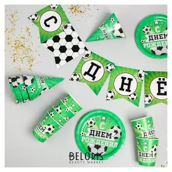 Набор бумажной посуды «С днём рождения. футбол», 6 тарелок, 6 стаканов, 6 колпаков, 1 гирлянда
