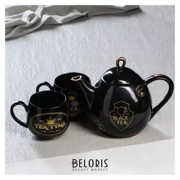 Набор чайный "Петелька", 3 предмета: чайник 1.1 л, чашка 0.4 л, черная глазурь, рисунок чайный
