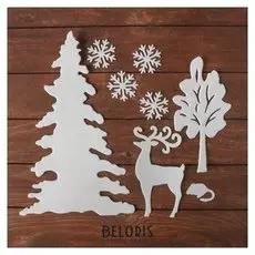 Набор декоративных наклеек "Новогодний пейзаж", 4 снежинки по 7 см, олень, елка, дерево, мыш
