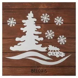 Набор декоративных наклеек "Новогодняя дорога", 5 снежинокпо 7 см, елка широкая, автомобиль