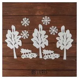 Набор декоративных наклеек "Сказочное путешествие", 3 дерева, 4 снежинки по 7 см, 2 автомоби