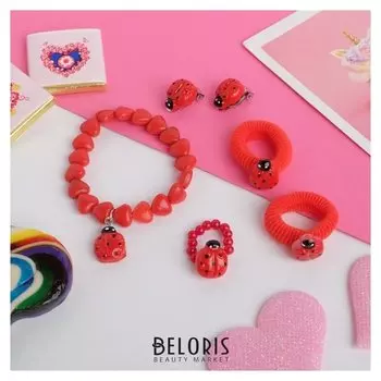Набор детский 5 предметов: 2 резинки, клипсы, кулон, кольцо, коровка малая