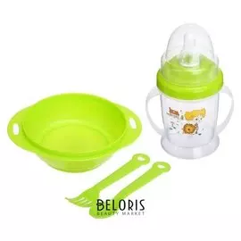Набор детской посуды, 4 предмета: миска 200 мл, бутылочка для кормления 180 мл, ложка, вилка