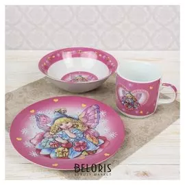 Набор детской посуды "Дюймовочка", 3 предмета: кружка 230 мл, миска 400 мл, тарелка 18 см