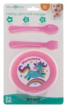 Набор детской посуды «Единорог», 4 предмета: тарелка с крышкой, ложка, вилка, от 5 мес.