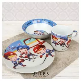 Набор детской посуды «Хоккеисты», 3 предмета: кружка 220 мл, миска 400 мл, тарелка 18 см