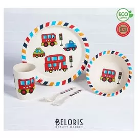 Набор детской посуды из бамбука «Машинки», 5 предметов: тарелка, миска, стакан, столовые приборы