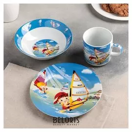 Набор детской посуды «На волне», 3 предмета: кружка 220 мл, миска 400 мл, тарелка 18 см