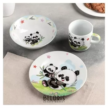 Набор детской посуды «Семья пандочек», 3 предмета: кружка 250 мл, миска 400 мл, тарелка 18 см
