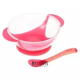 Набор для кормления, 3 предмета: миска 350 мл на присоске, крышка, ложка, цвет красный