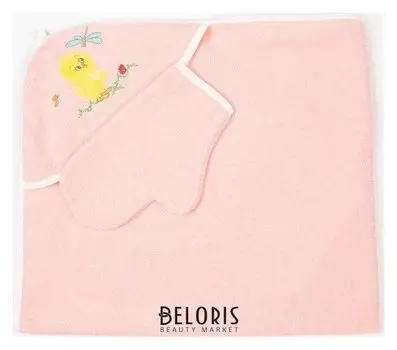 Набор для купания (Полотенце-уголок, рукавица), размер 100х110 см, цвет персиковый (арт. К24)