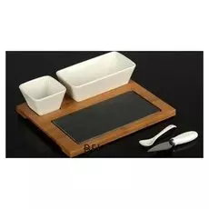 Набор для подачи блюд на подставке: соусник 150 мл, салатник 400 мл, нож, ложка, каменная доска