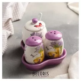 Набор для специй «Душистая лаванда», 3 шт: солонка, перечница, сахарница с ложкой