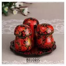 Набор для специй «Гриб», 6х8 см, с подносом 15 см, хохлома