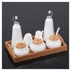 Набор для специй и масел «Эстет», 7 шт: 3 банки 220 мл, 2 соусника 250 мл, 2 ёмкости для специй 100 мл, на деревянной подставке