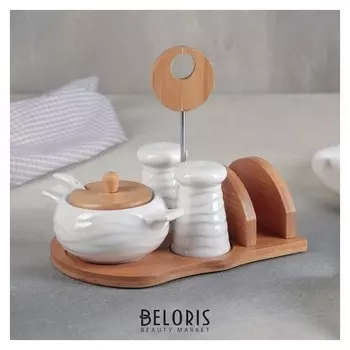 Набор для специй «Эстет» 250 мл, 4 шт: солонка, перечница, сахарница, салфетница, на деревянной подставке