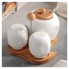 Набор для специй «Эстет», 3 шт: солонка, перечница, сахарница 400 мл с ложкой, на деревянной подставке