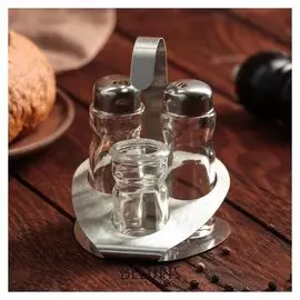 Набор для специй «Мео», 3 шт: ёмкость для зубочисток 30 мл, солонка и перечница 50 мл, на подставке