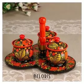 Набор для специй: поднос D=20см, солонки 5,5х7,5 см, хохлома