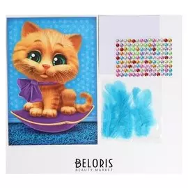 Набор для творчества. аппликация перьями и стразами «Котик» 14,8 х 21 см + бантик