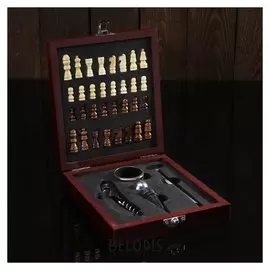 Набор для вина, 4 предмета: термометр, кольцо, открывашка, пробка, шахматы в комплекте