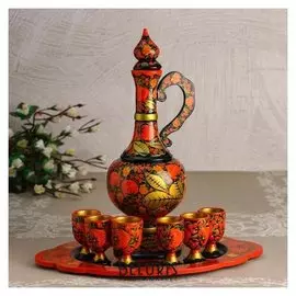 Набор для вина 8пр.: поднос 30х19см, графин 400мл, рюмки 30мл, хохлома