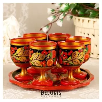 Набор для вина: поднос 20см, 6 стопок 3х6см, 50 мл, хохлома