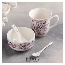 Набор для завтрака «Лаванда», кружка 320 мл, миска 300 мл, ложка 2 шт, цвет белый/фиолетовый