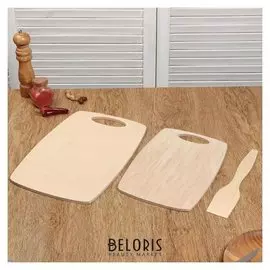 Набор досок разделочных деревянных "Бочонок", (2 шт + лопатка) ручка вырез, 0,8 см