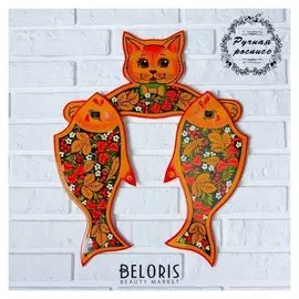 Набор досок разделочных «Котик с рыбкой», вешалка 38×20 см, доски 2 шт 35×15 см, хохлома