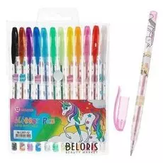 Набор гелевых ручек, 12 цветов, металлик, корпус с рисунком, «Единорог», в блистере на кнопке