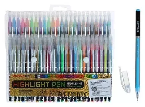 Набор гелевых ручек 48 цветов корпус серебро в полоску в цвет стержня