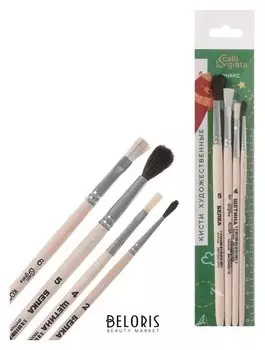 Набор кистей 4 штуки, Calligrata №2 (Круглые: белка №2, белка №5, щетина №4; плоская: коза №6), деревянная ручка