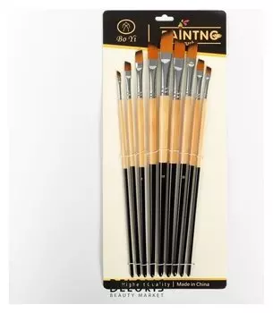 Набор кистей, нейлон, 9 шт., плоские, скошенные, с длинными ручками