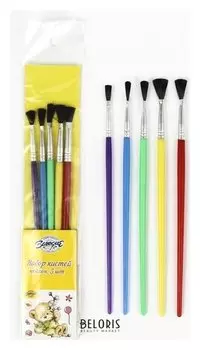 Набор кистей, нейлон, плоские, 5 шт., с пластиковыми цветными ручками