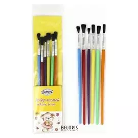 Набор кистей, нейлон, плоские, 6 штук, с пластиковыми цветными ручками