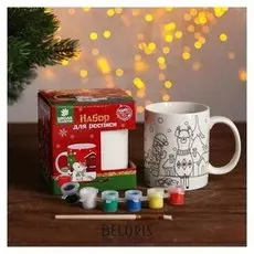 Набор кружка под раскраску «Лама новогодняя» краска 6 цв по 2 мл, кисть
